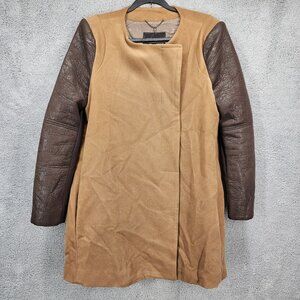 BCBGMAXAZRIA‎ Womens Size Large Long Camel Coat With Brown Faux Leather Sleeves